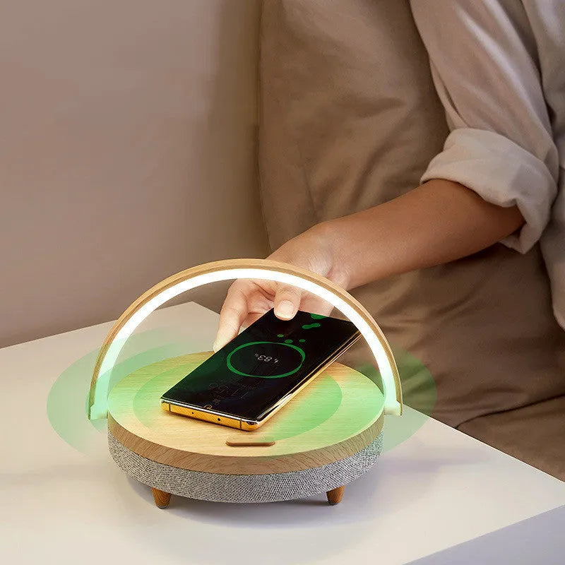 Wireless charging LED desk lamp with Bluetooth speaker and phone holder in marble pattern