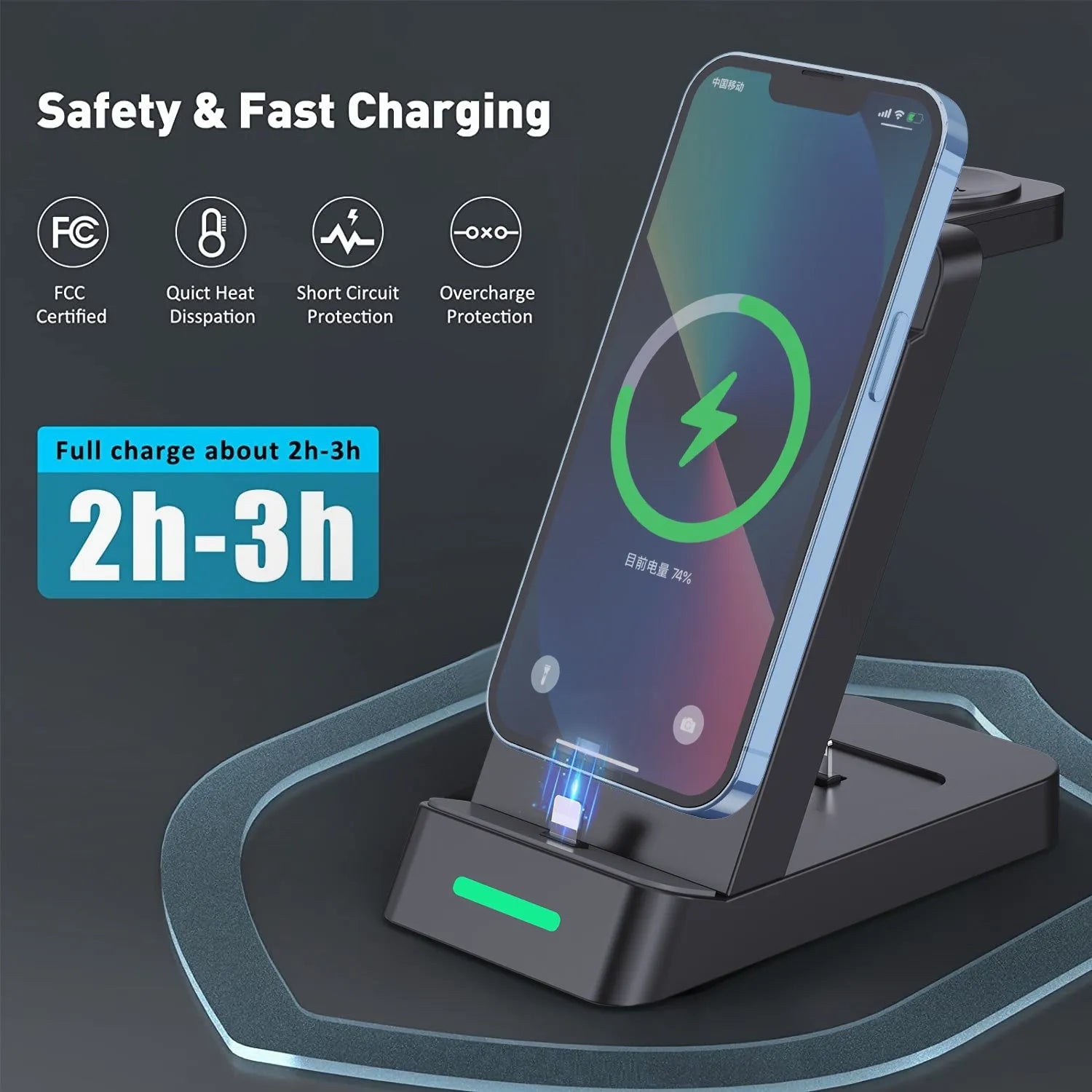 Black 3-in-1 wireless charging dock showing phone, Apple Watch, and AirPods charging simultaneously.
