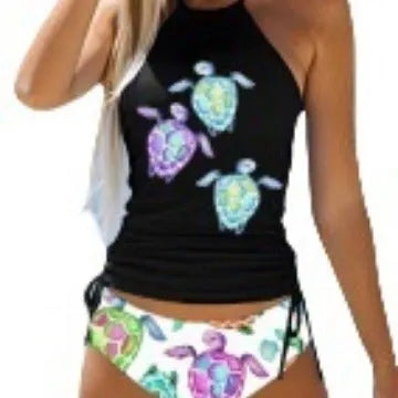 European and American ladies conservative printed split colourful swimsuit in polyester with high elasticity for swimming and wading