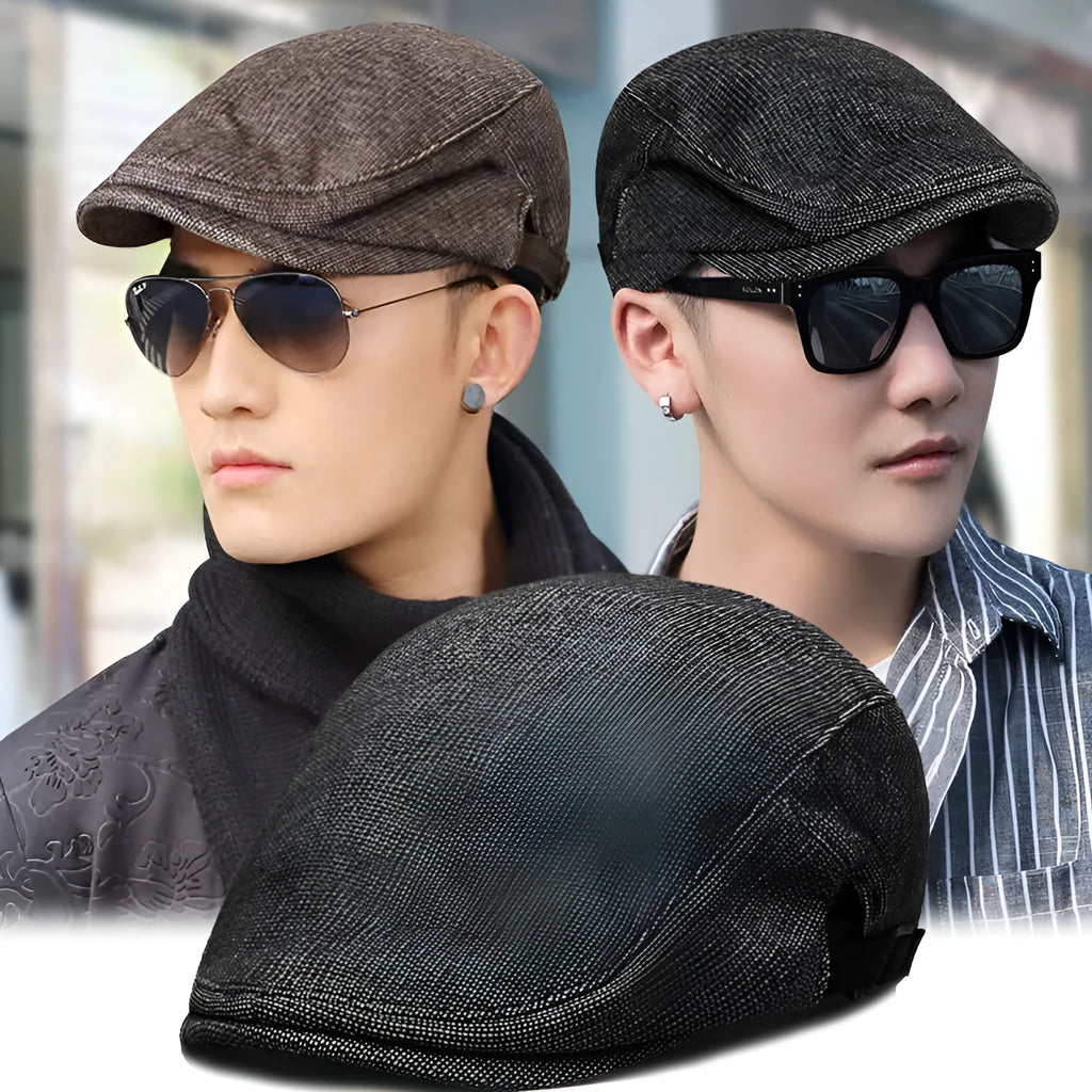Men's cotton linen breathable beret pure colour dome crown cap in dark gray free size adjustable