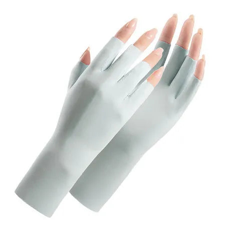 Women's UPF50 ice silk gloves in various colours showing thin nylon construction