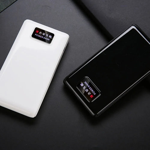 18650 6-cell DIY mobile charging bank case in black with Type-C and Micro USB ports, 22mm x 76mm x 150mm