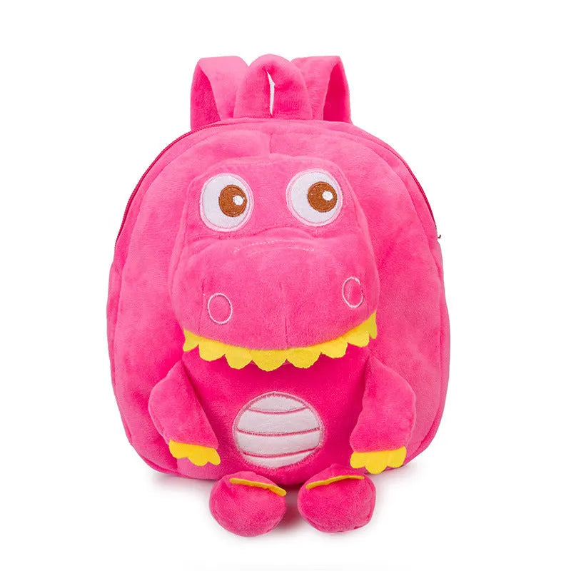 Blue dinosaur plush backpack with embroidery detailing and soft handle for children
