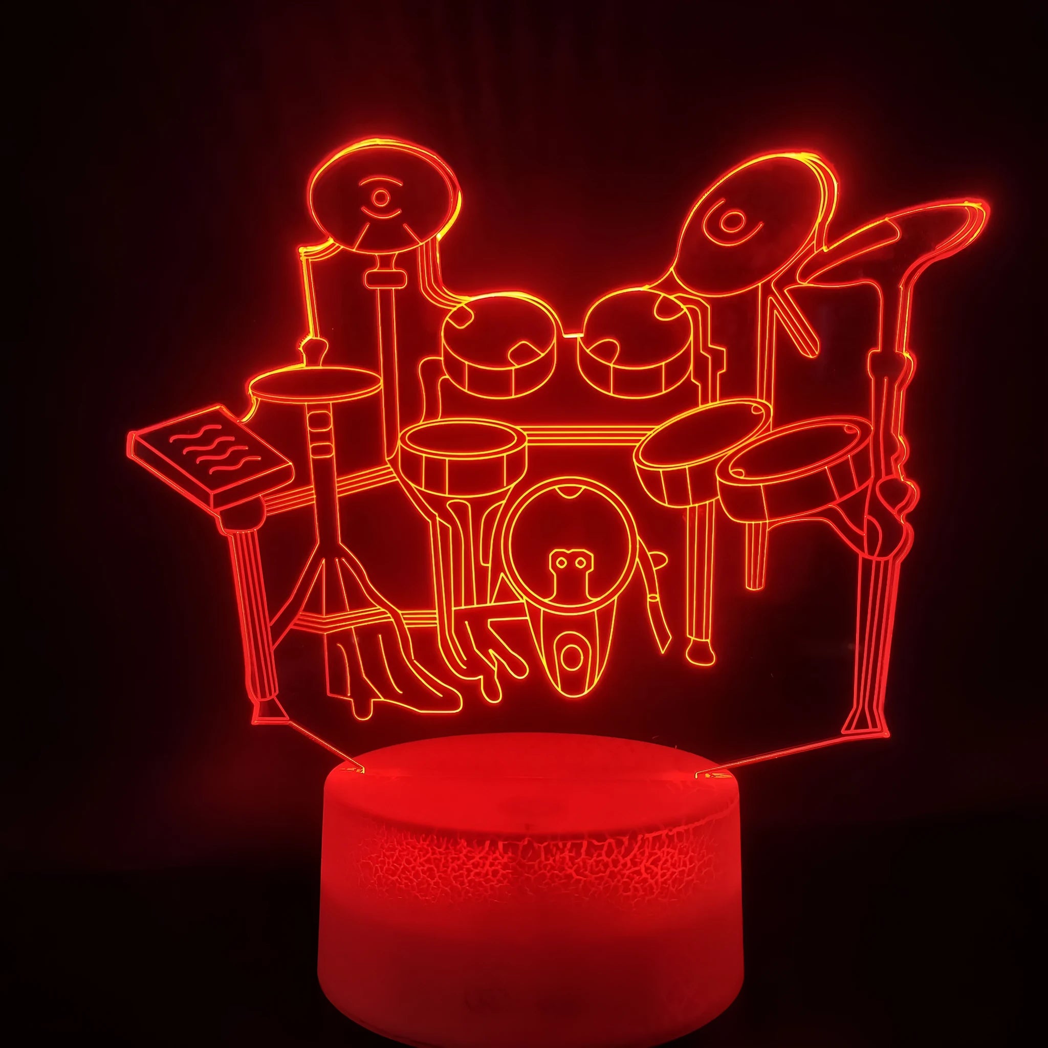 3D drum kit night light showing seven colour options on acrylic board with ABS base and USB cable