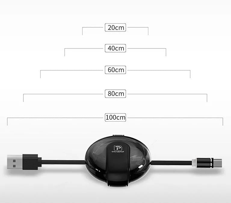 3-in-1 magnetic retractable style charger in black with 1m cable for universal phone charging