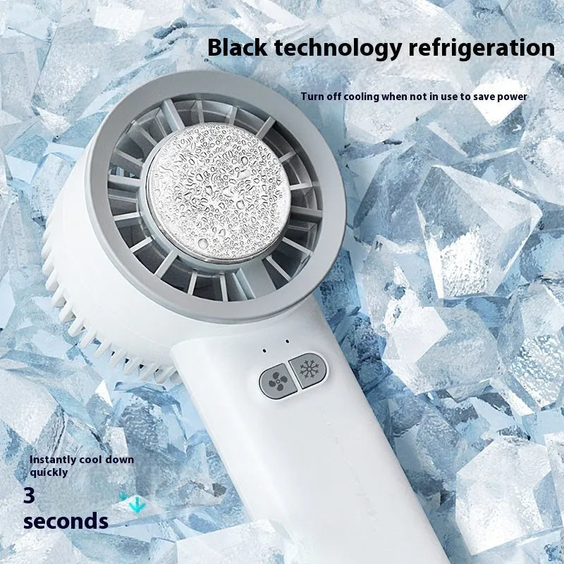 White handheld turbo jet fan with ice cooling function, 3600mAh battery, and brushless motor on a white background