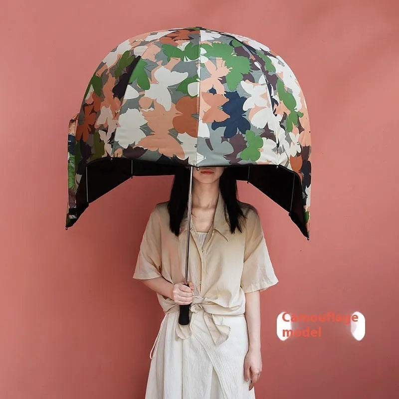 Helmet umbrella with NC fabric canopy and EVA bone, 76cm unfolded, long handle, dual-purpose sun and rain protection