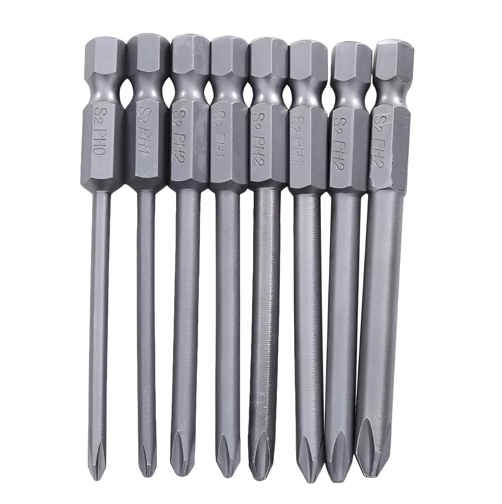 8pcs 75mm magnetic long hex cross head screwdriver bits set in S2 alloy steel with Phillips sizes PH0 PH1 PH2