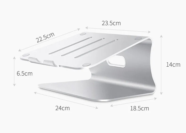 Silver aluminium laptop cooling bracket with striped heat sink on a rotary base.