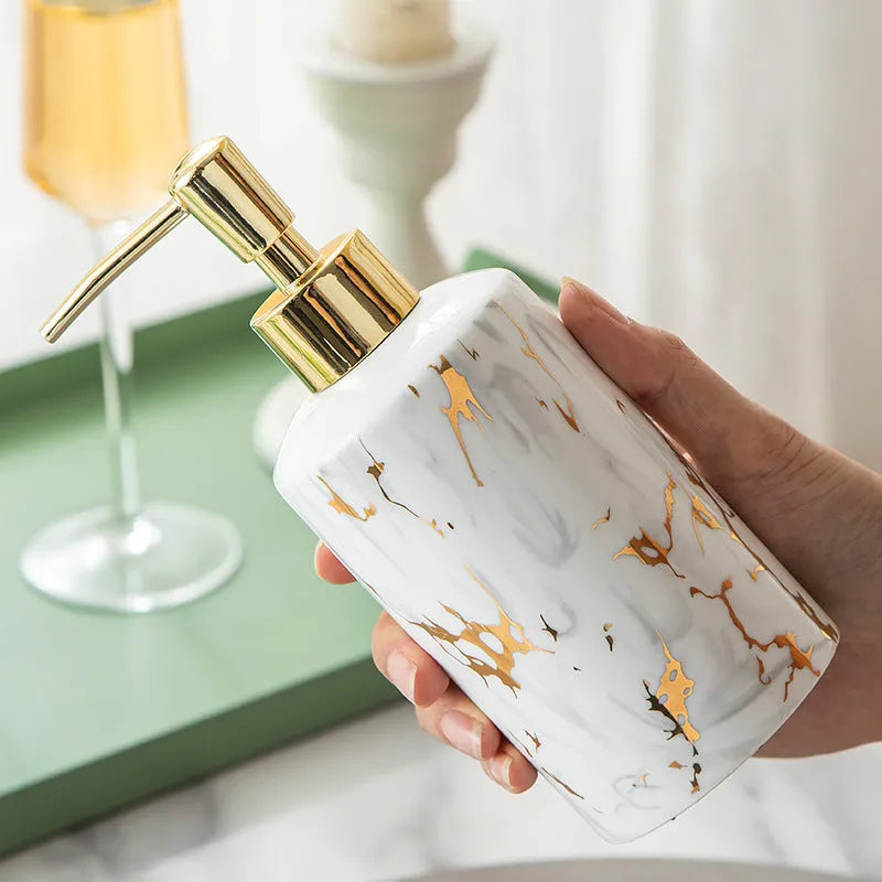 White ceramic marble effect bathroom wash kit with two cups, latex bottle, and soap box in colour box