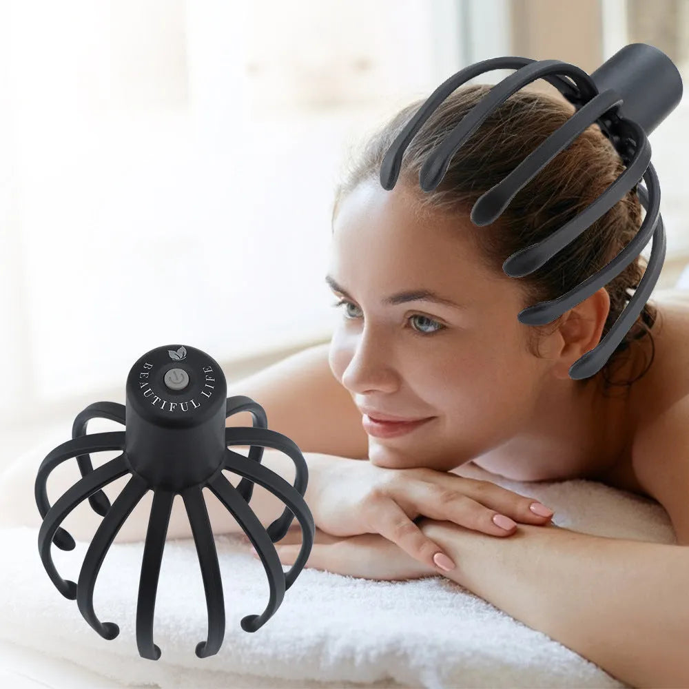 Octopus electric head massage tingler with multi-claw TPE attachment in black rechargeable variant