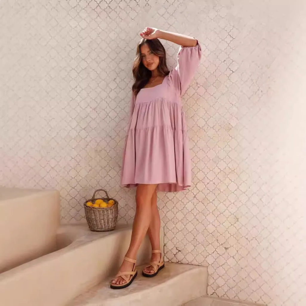 Children's square collar puff sleeve backless pullover dress in orange or light blue with A-line skirt