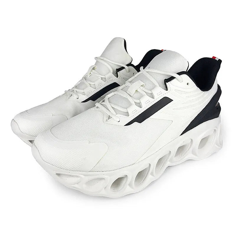 Men's low-top black breathable mesh casual sports shoes with a round toe and white lace-up fastening.