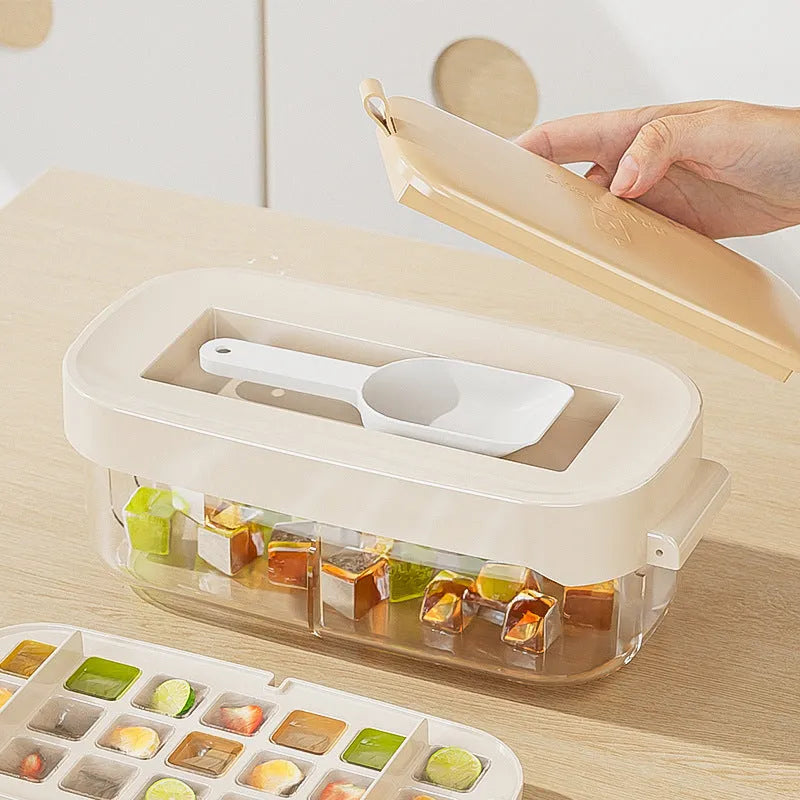 Food grade PP PET TPE ice cube tray grid with leverage demoulding and ice shovel storage, blue colour