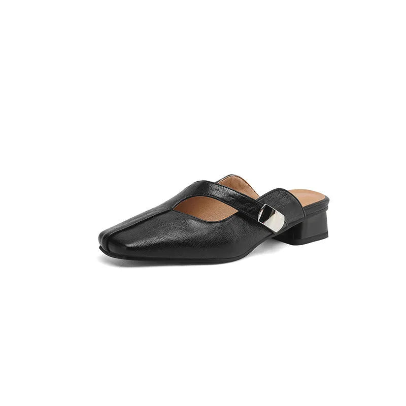 British-style square toe outdoor slippers with low heel and rubber sole
