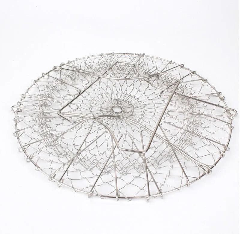 Stainless steel foldable deep fry basket 23cm with grid and handle for home kitchen use