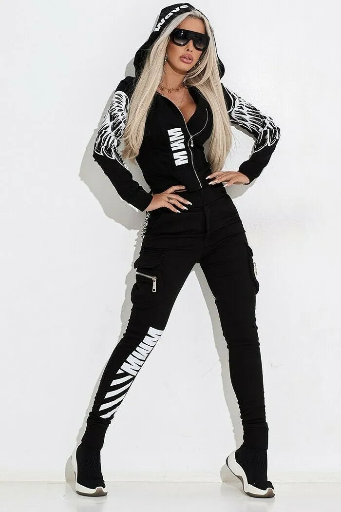 Black women's casual suit with wings print, featuring hooded zipper jacket and matching trousers