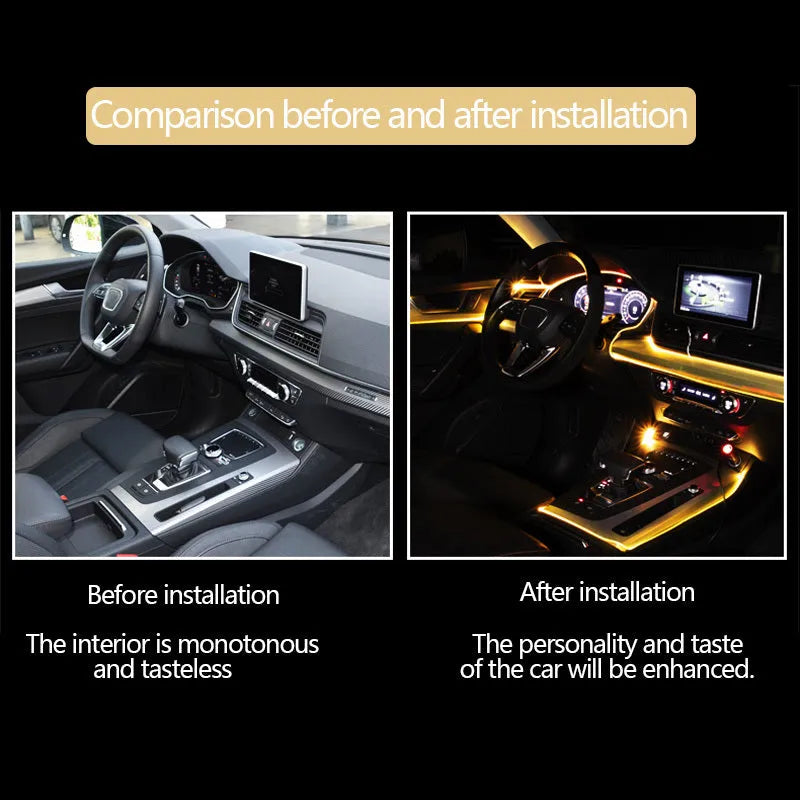 Car fibre optic ambient light kit with RGB colours, music sync, and app control installed on a car door panel