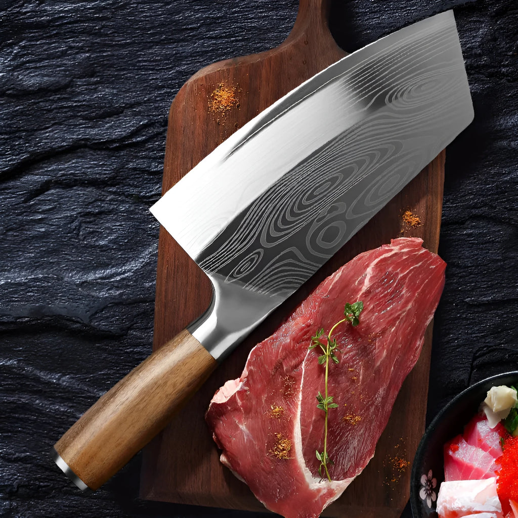 320mm stainless steel kitchen knife with forged blade showing measurements and steel type