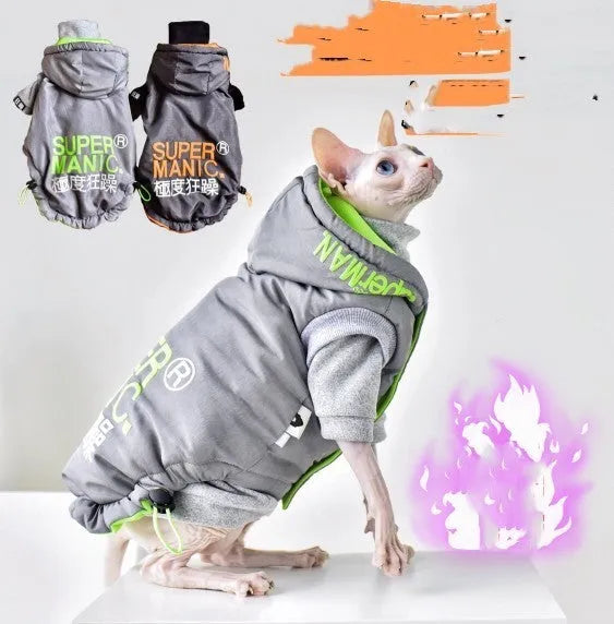 Hairless cat winter coat in Space Grey with windproof TPU polyester outer and cotton insulation, sized for Sphynx or similar breeds