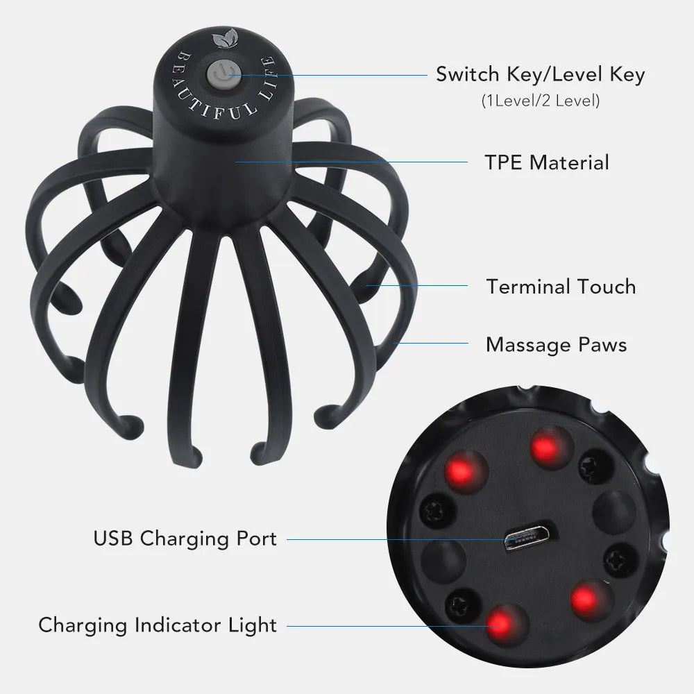 Octopus electric head massage tingler with multi-claw TPE attachment in black rechargeable variant