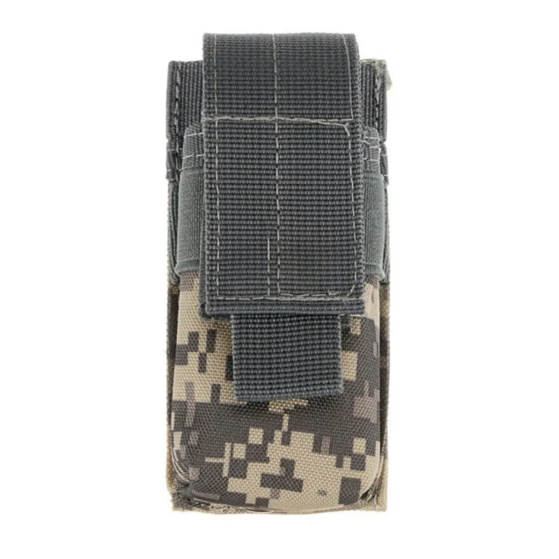 Black MOLLE tactical waistbag pouch for pistol cartridges and small flashlights on a belt.