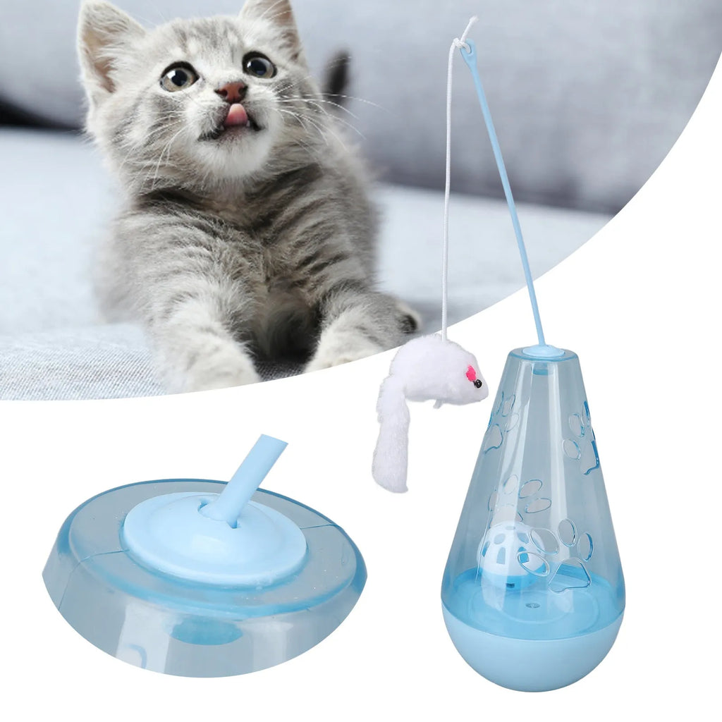 Blue cat toy with bell ball and treat dispenser, plush mouse stick, 30cm tall, on floor