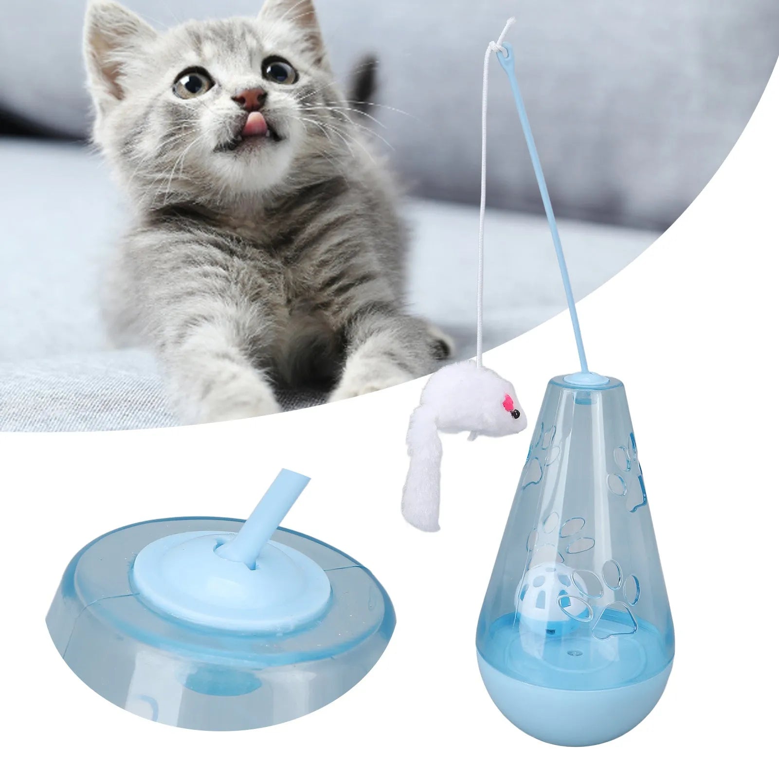 Blue cat toy with bell ball and treat dispenser, plush mouse stick, 30cm tall, on floor