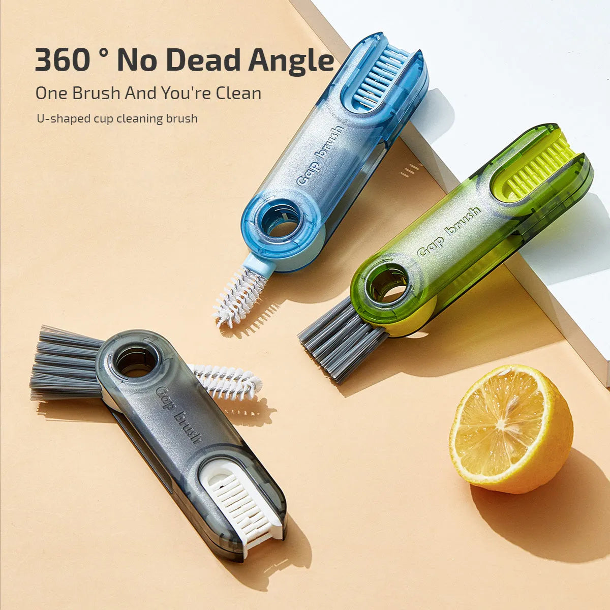 3 in 1 multi-functional bottle cup cover brush with spiral design, food-grade plastic and nylon bristles, 11.4 cm, transparent green
