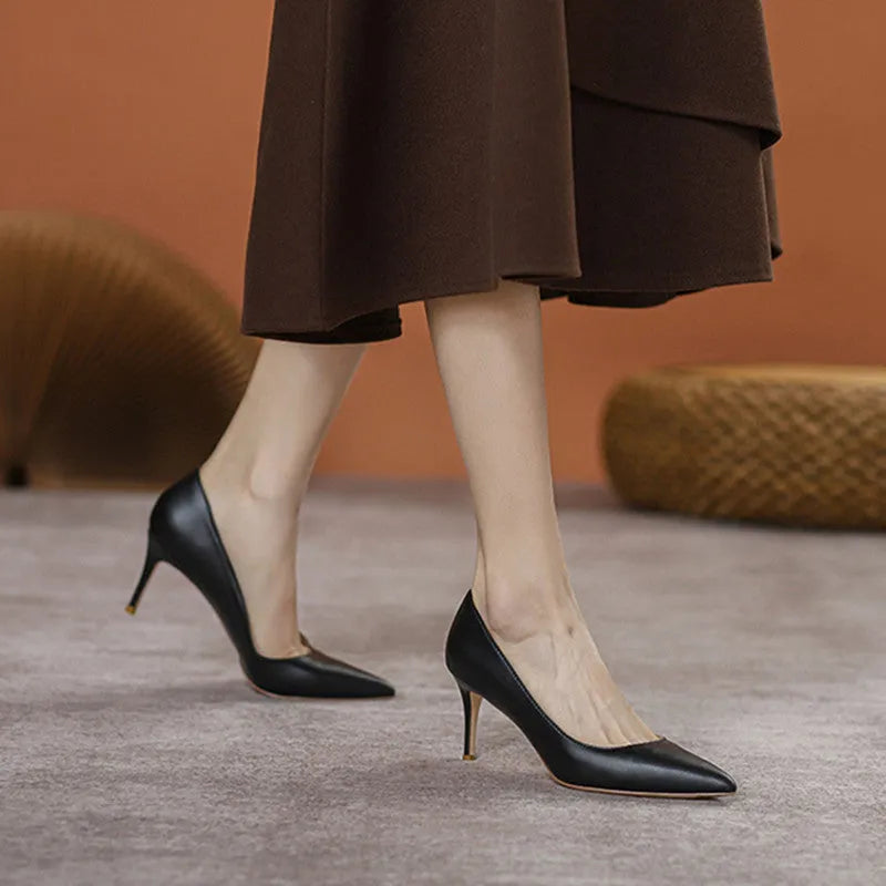 French Pointed High Heel Shoes Black Work Temperament Wide Feet Microfiber Stiletto Heels 6-8CM Court Pumps for Women Office Party Simple Style