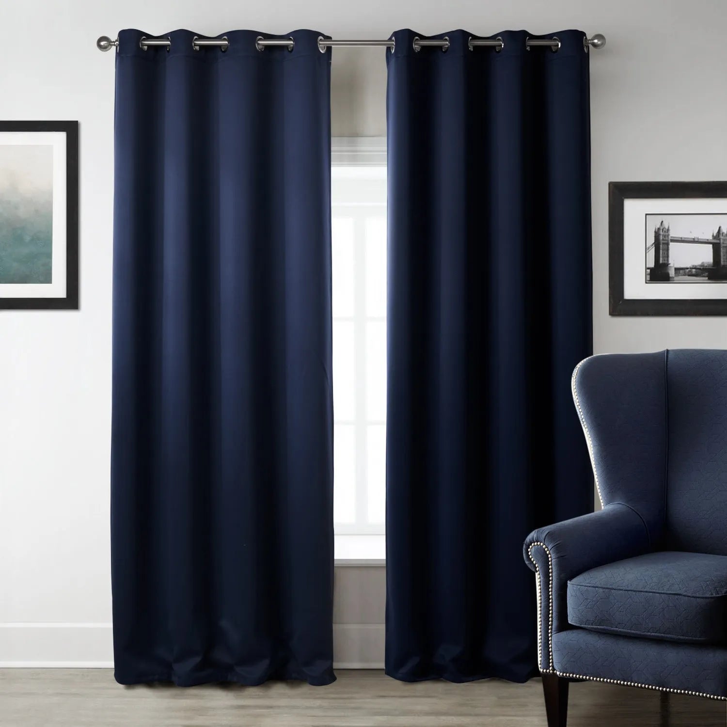 Dark blue printed blackout fabric curtain with perforated top, 140cm width