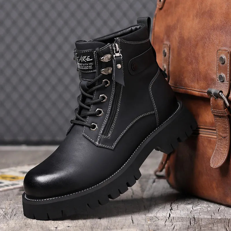 Men's brown leather mid-calf boots with side zipper and thermal lining
