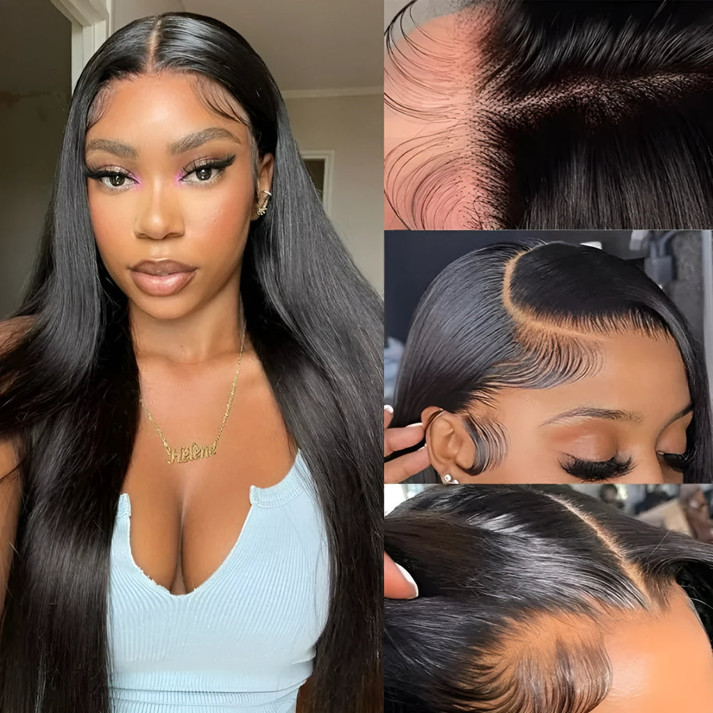 Straight black human hair wig with 13x6 lace front construction on display