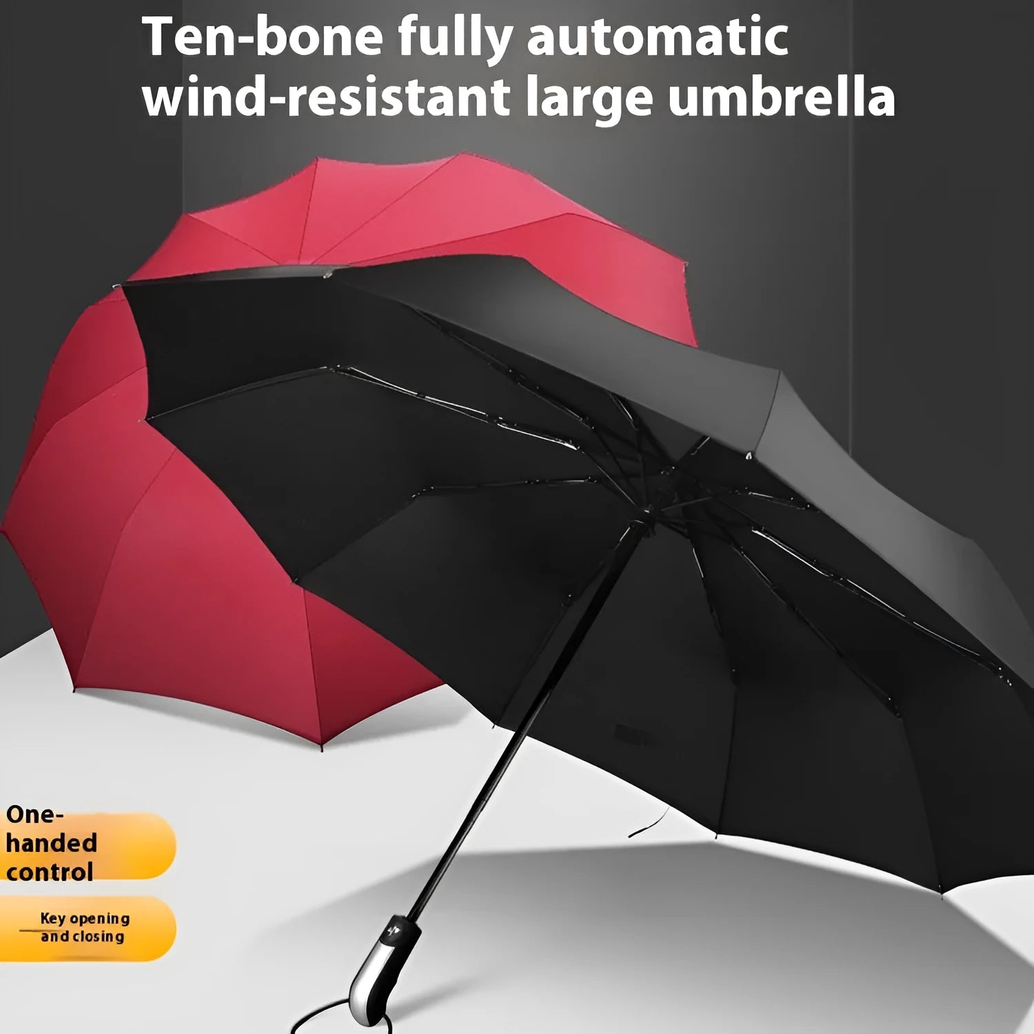 Triple folding business advertising umbrella with automatic opening mechanism and rubber handle