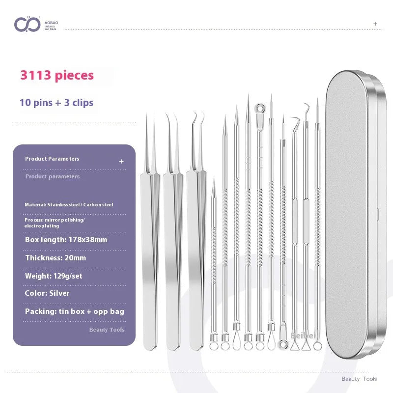 Four silver metal acne needles with ultra-fine points for blackhead removal.