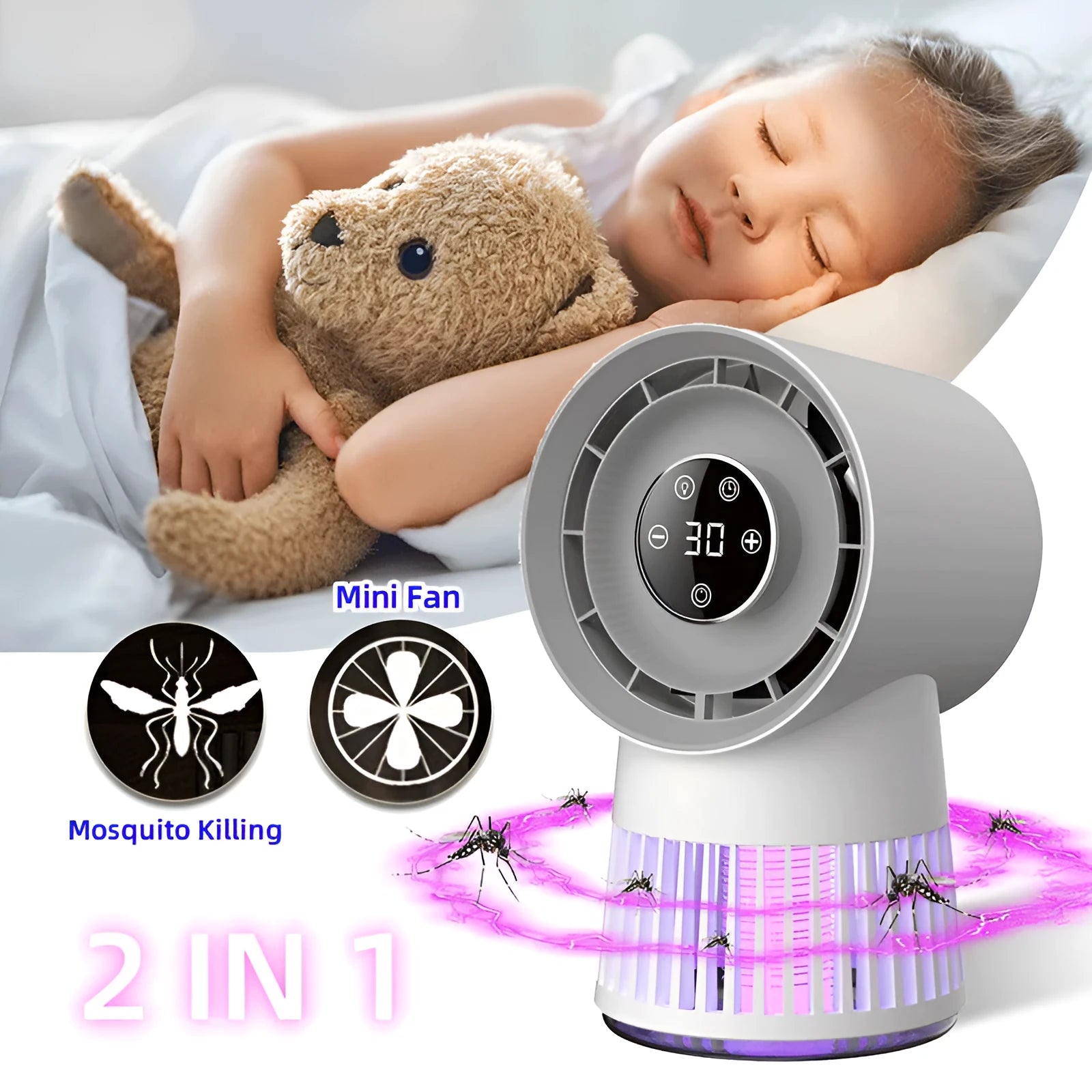 Creative 2-in-1 mosquito killing mini desk fan white USB rechargeable bladeless fan night lamp 16.5x28x16cm