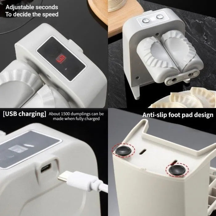 White automatic electric dumpling maker machine on a kitchen counter with USB cable and accessories