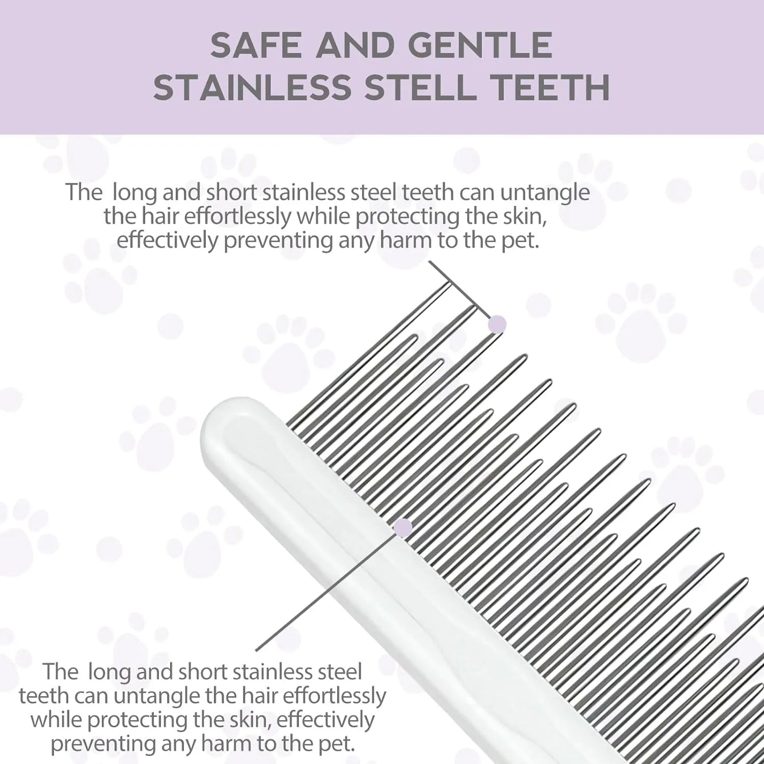 Purple pet grooming comb with stainless steel teeth for detangling cat and dog fur
