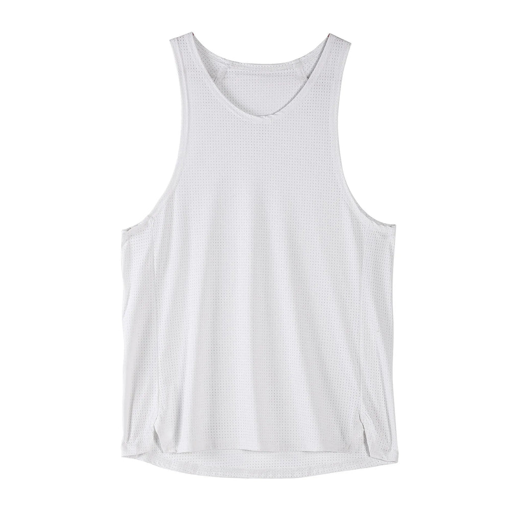 Men's black nylon sleeveless sports vest for gym and casual wear on a hanger.