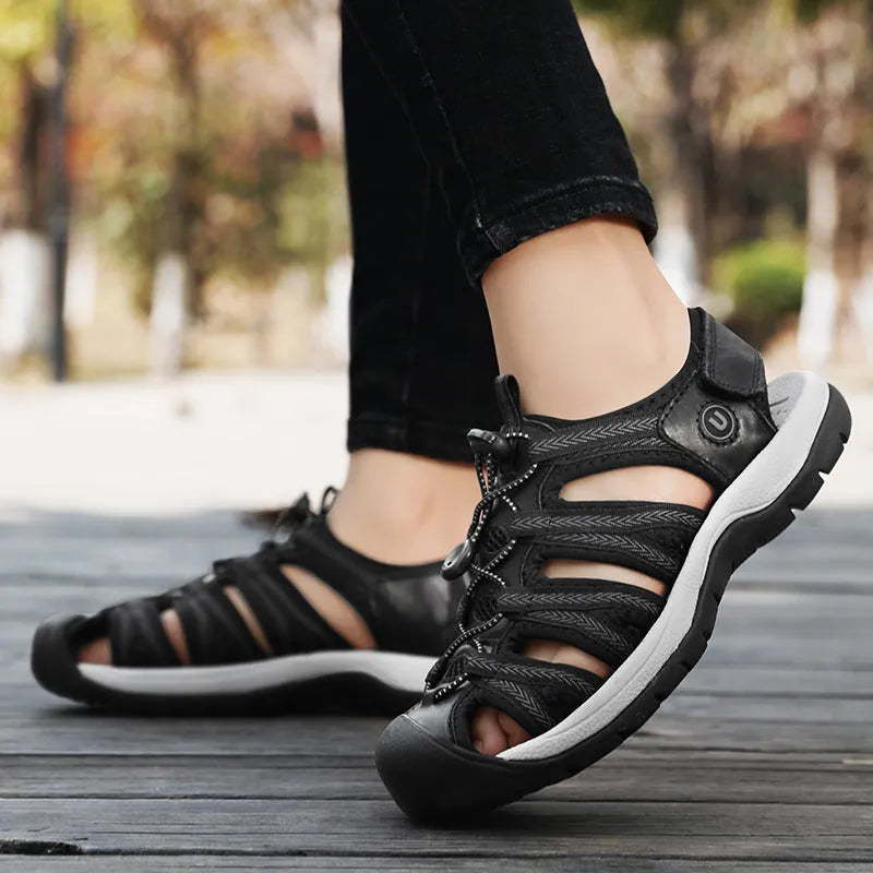 Women's toe box sandals with leather mesh upper and rubber sole in a range of colours