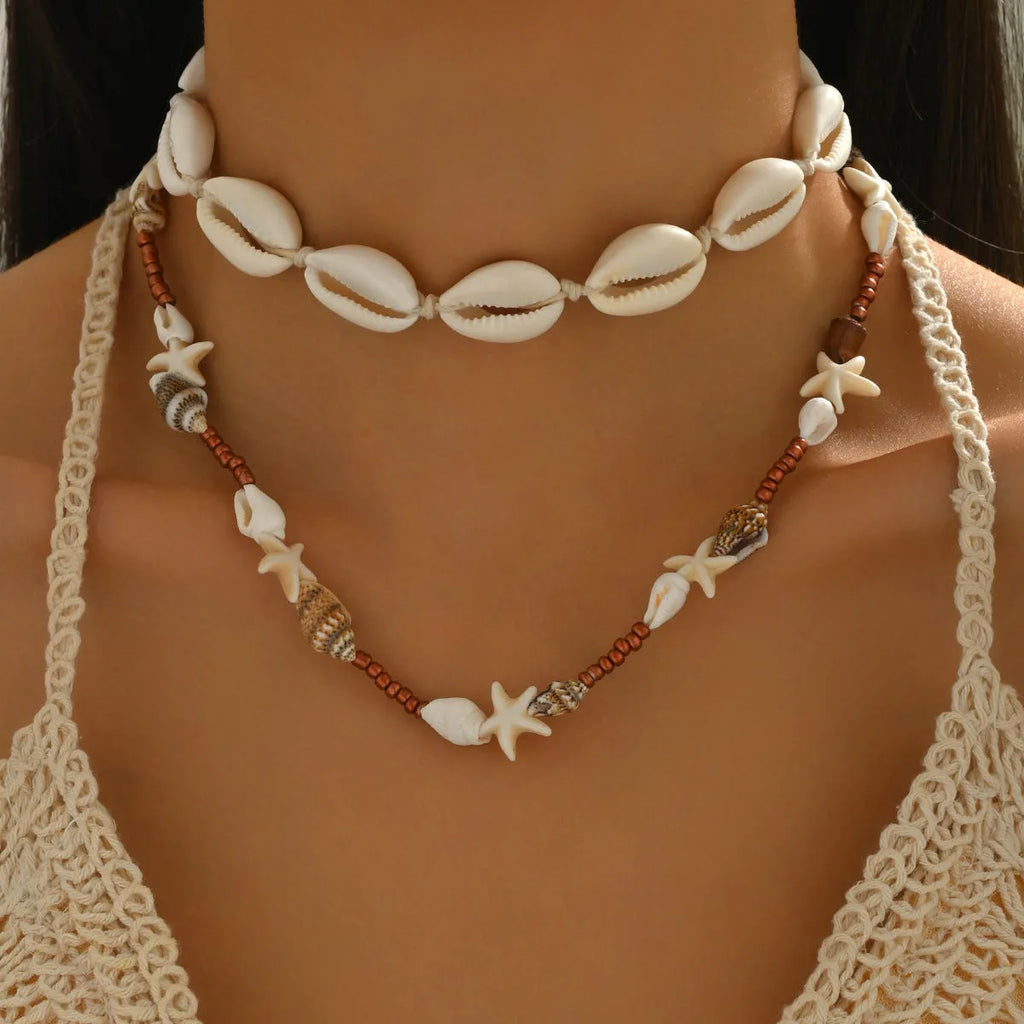 Bohemian shell necklace for women with geometric pendant on regular chain, colour X1900