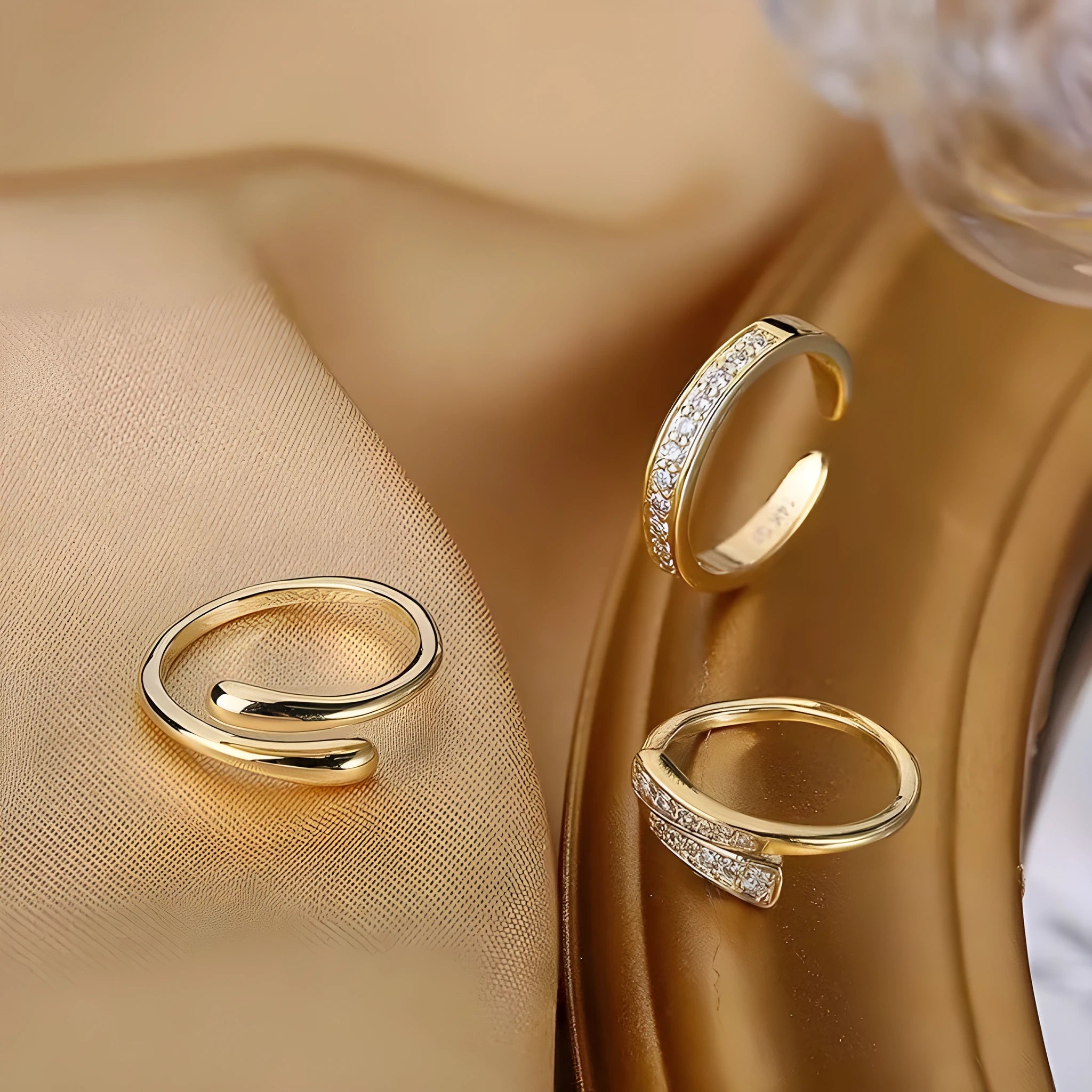 Alloy toe ring with real gold plating in four geometric patterns: golden diamond, flower, rhinestone, and water drop