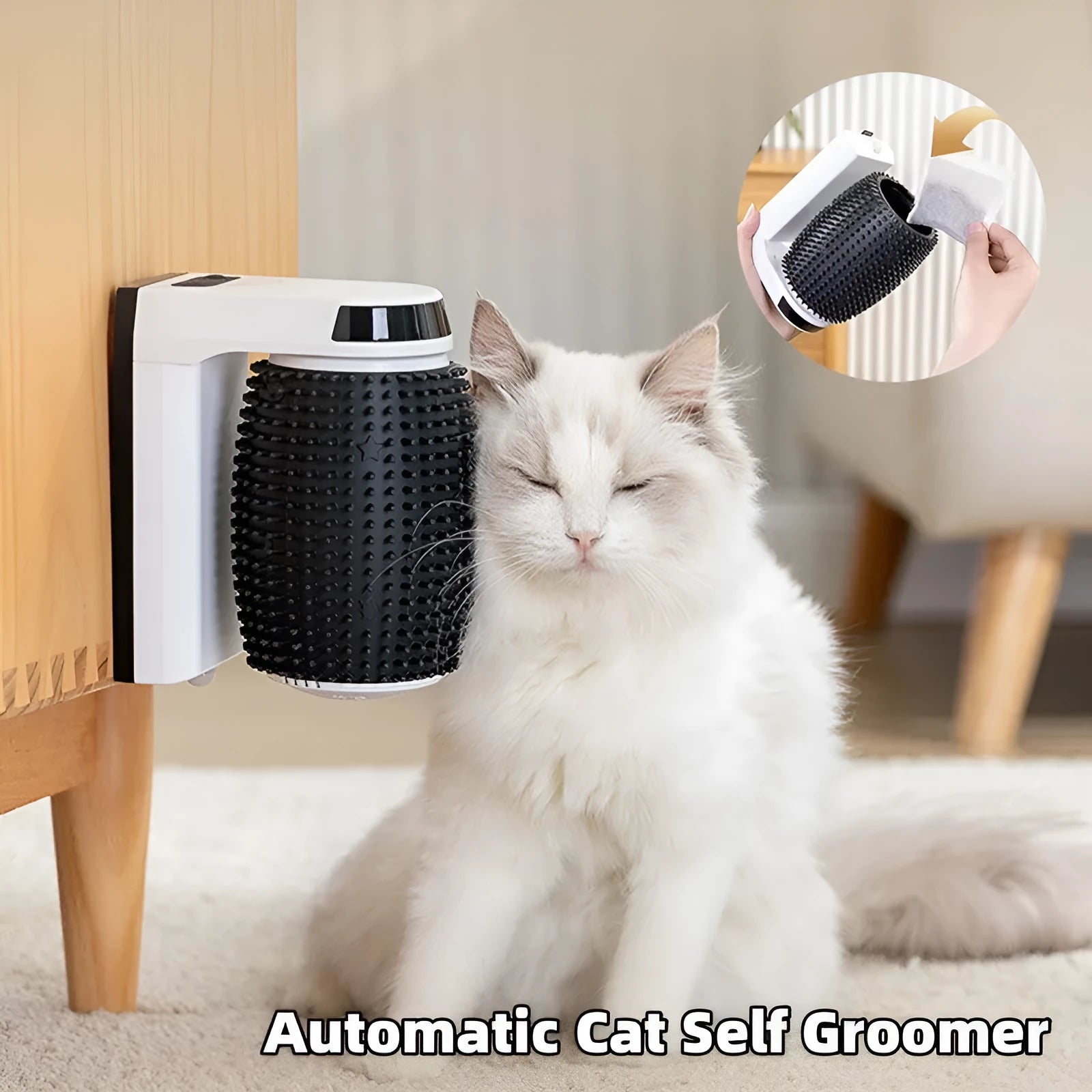 White automatic cat self groomer mounted in a wall corner with soft silicone bristles for grooming and massage