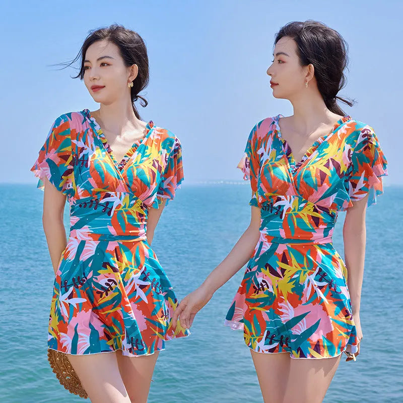 Women's colourful printed one-piece polyester swimsuit with full belly coverage, Asian sizing M-3XL