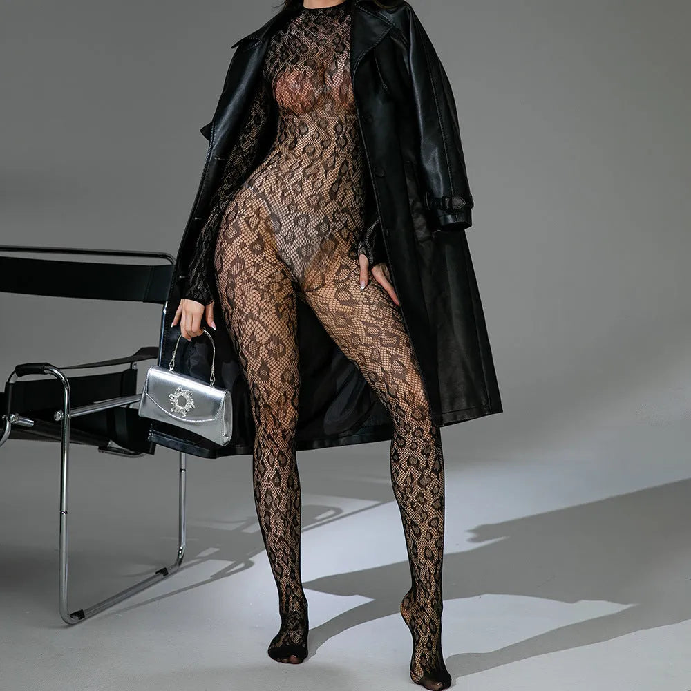 Sexy lingerie fishnet one-piece long sleeves backless jacquard bodysuit in black nylon free size for women