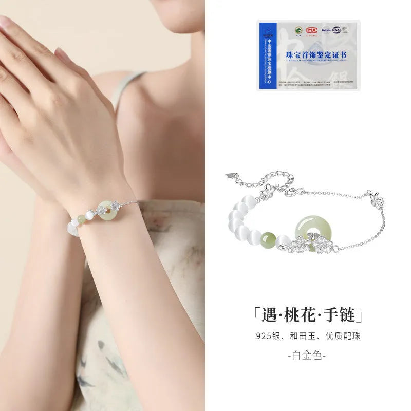 Peach blossom safety buckle bracelet for women, pure silver with electroplated finish, white gold colour option