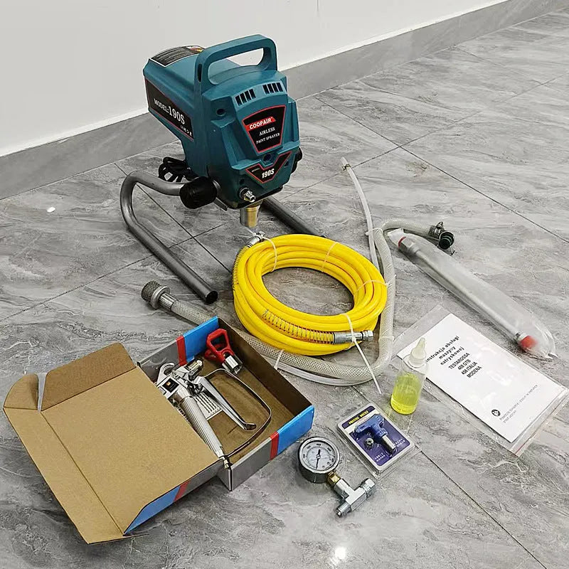 110V electric latex paint spraying machine with spray gun, 10m hose, and 517 nozzle on a work surface
