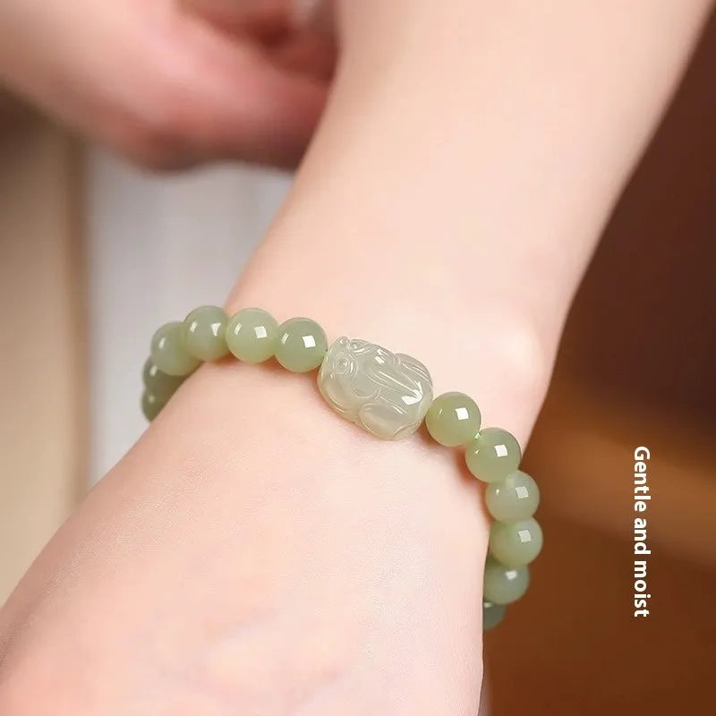 Women's Hetian jade leather bracelet with polished beads, 8mm size, national style design