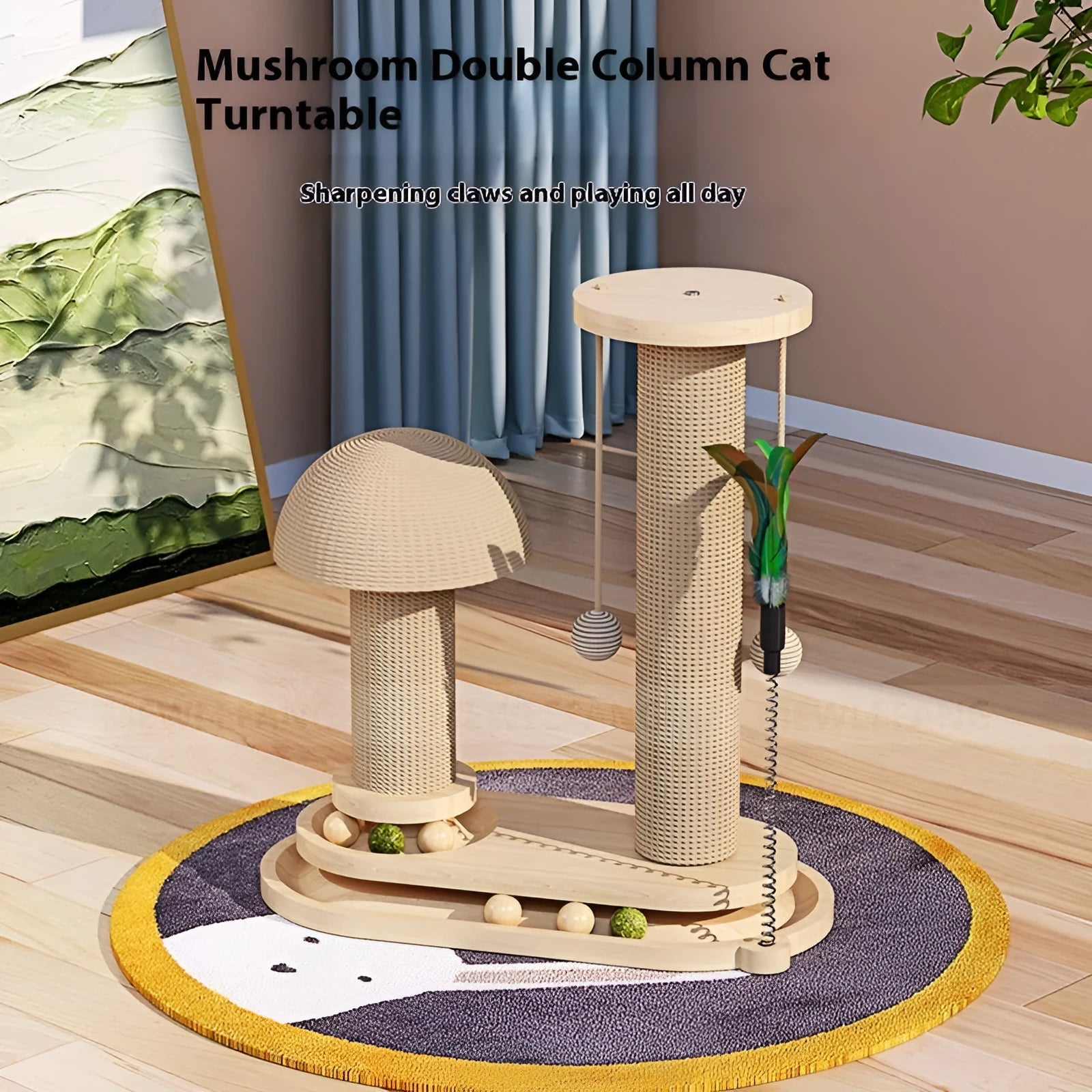Solid wood cat scratching post with a turntable, shown in a basic style big flower variant.