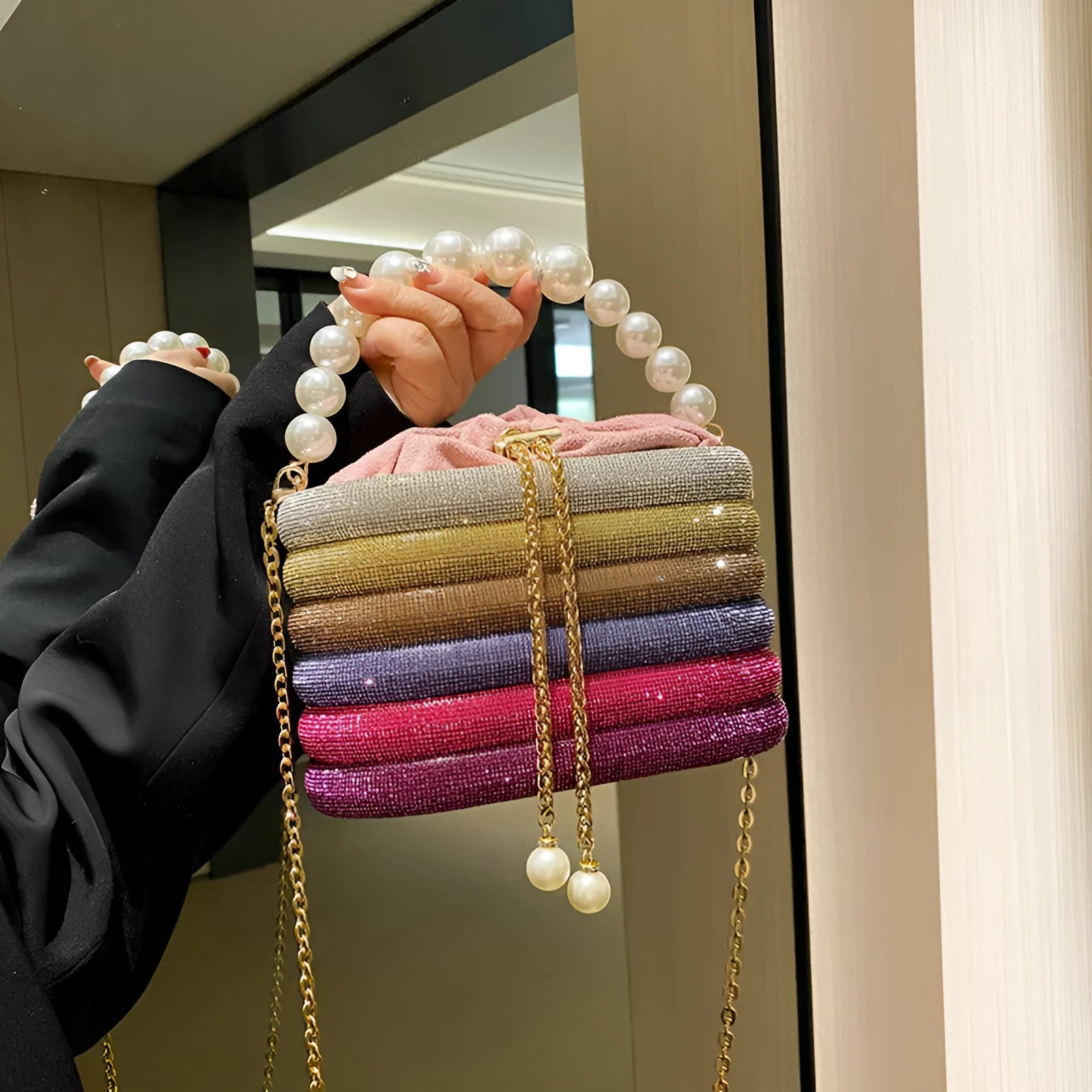 Round women's crossbody handbag with beaded pearl embellishments and European retro styling in multiple colour options